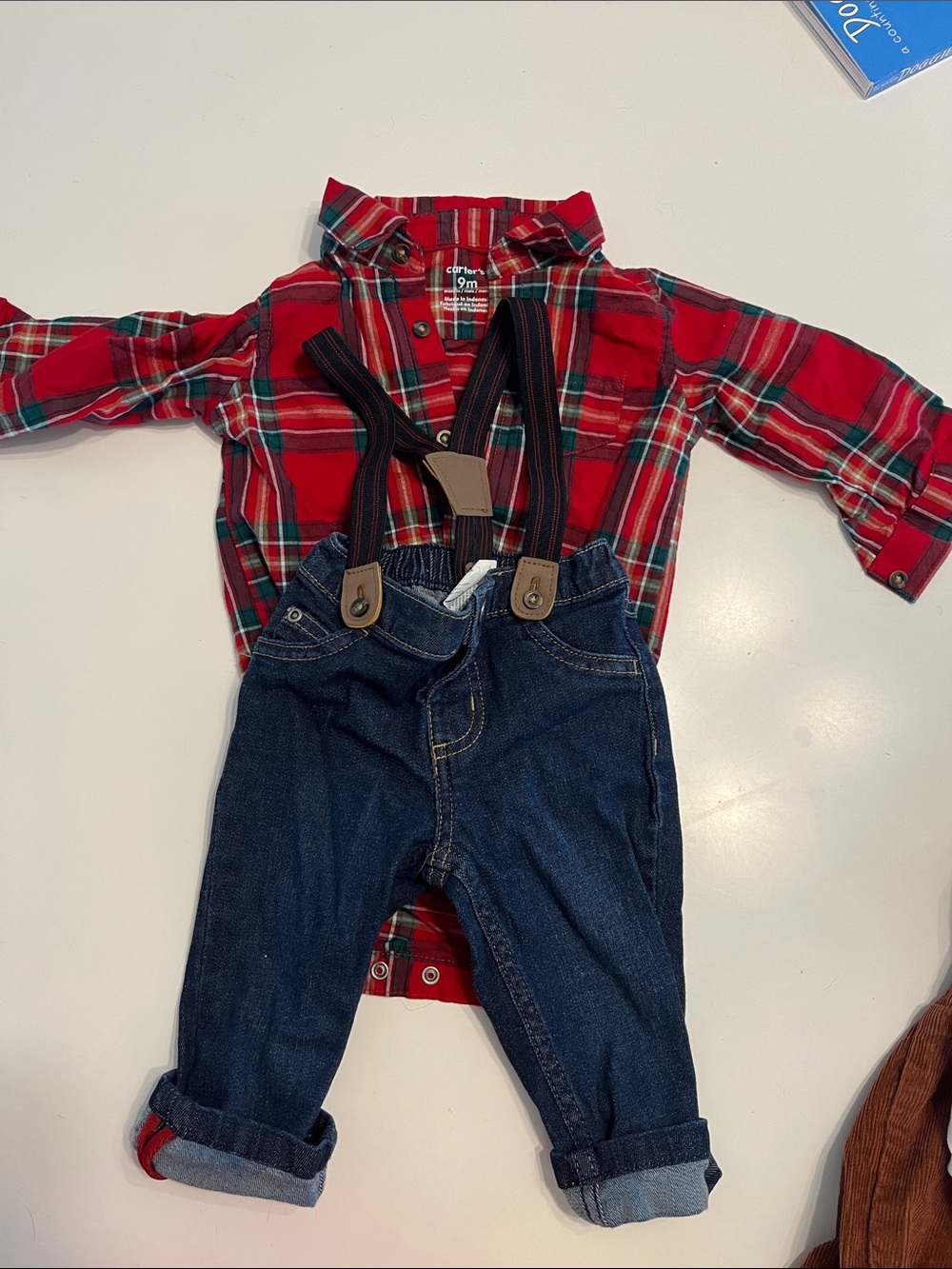 Carter’s plaid and denim suspenders outfit